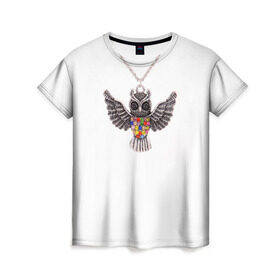 Женская футболка 3D с принтом Золотая сова в Петрозаводске, 100% полиэфир ( синтетическое хлопкоподобное полотно) | прямой крой, круглый вырез горловины, длина до линии бедер | крылья | сова
