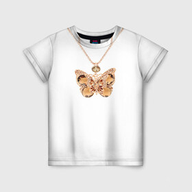 Детская футболка 3D с принтом Золотая бабочка в Петрозаводске, 100% гипоаллергенный полиэфир | прямой крой, круглый вырез горловины, длина до линии бедер, чуть спущенное плечо, ткань немного тянется | Тематика изображения на принте: бабочка