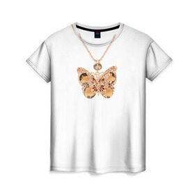 Женская футболка 3D с принтом Золотая бабочка в Петрозаводске, 100% полиэфир ( синтетическое хлопкоподобное полотно) | прямой крой, круглый вырез горловины, длина до линии бедер | Тематика изображения на принте: бабочка