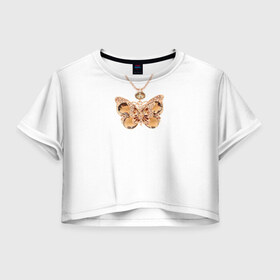 Женская футболка 3D укороченная с принтом Золотая бабочка в Петрозаводске, 100% полиэстер | круглая горловина, длина футболки до линии талии, рукава с отворотами | Тематика изображения на принте: бабочка
