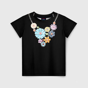 Детская футболка 3D с принтом Ожерелье в Петрозаводске, 100% гипоаллергенный полиэфир | прямой крой, круглый вырез горловины, длина до линии бедер, чуть спущенное плечо, ткань немного тянется | белое | бижутерия | бусы | золото | камни | ожерелье | украшение | цветы | цепь