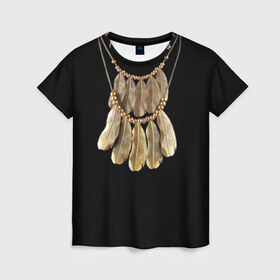 Женская футболка 3D с принтом Золотые перья в Петрозаводске, 100% полиэфир ( синтетическое хлопкоподобное полотно) | прямой крой, круглый вырез горловины, длина до линии бедер | бусы | драгоценность | золото | золотые перья | украшение | цепь