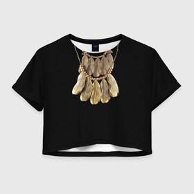 Женская футболка 3D укороченная с принтом Золотые перья в Петрозаводске, 100% полиэстер | круглая горловина, длина футболки до линии талии, рукава с отворотами | бусы | драгоценность | золото | золотые перья | украшение | цепь