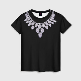 Женская футболка 3D с принтом Бриллиантовое ожерелье в Петрозаводске, 100% полиэфир ( синтетическое хлопкоподобное полотно) | прямой крой, круглый вырез горловины, длина до линии бедер | бриллианты | драгоценность | золотое ожерелье | камни | лепестки | цепь