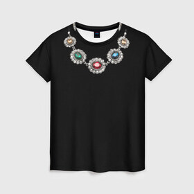 Женская футболка 3D с принтом Ожерелье в Петрозаводске, 100% полиэфир ( синтетическое хлопкоподобное полотно) | прямой крой, круглый вырез горловины, длина до линии бедер | бриллианты | драгоценность | золото | золотое | камни | ожерелье | цепь