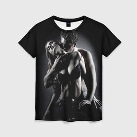 Женская футболка 3D с принтом Страсть в Петрозаводске, 100% полиэфир ( синтетическое хлопкоподобное полотно) | прямой крой, круглый вырез горловины, длина до линии бедер | в шею | девушка | любовь | парень | поцелуй | страсть | торс | фото | черно белое