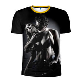 Мужская футболка 3D спортивная с принтом Страсть в Петрозаводске, 100% полиэстер с улучшенными характеристиками | приталенный силуэт, круглая горловина, широкие плечи, сужается к линии бедра | в шею | девушка | любовь | парень | поцелуй | страсть | торс | фото | черно белое