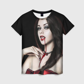 Женская футболка 3D с принтом Девушка вампир в Петрозаводске, 100% полиэфир ( синтетическое хлопкоподобное полотно) | прямой крой, круглый вырез горловины, длина до линии бедер | кровь