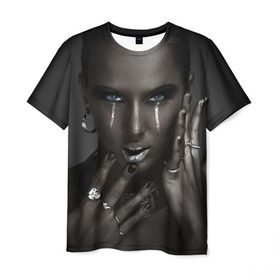 Мужская футболка 3D с принтом Черная девушка в Петрозаводске, 100% полиэфир | прямой крой, круглый вырез горловины, длина до линии бедер | белое | блеск | бриллиант | девушка | драгоценности | золото | кольца | макияж | перстни | серебро | черная | эпатаж