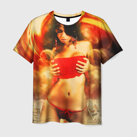 Мужская футболка 3D с принтом Огненная девушка в Петрозаводске, 100% полиэфир | прямой крой, круглый вырез горловины, длина до линии бедер | брюнетка | ветер | вихрь | девушка | красный | огненная | огонь | страсть