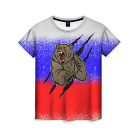 Женская футболка 3D с принтом Свирепый медведь в Петрозаводске, 100% полиэфир ( синтетическое хлопкоподобное полотно) | прямой крой, круглый вырез горловины, длина до линии бедер | русь
