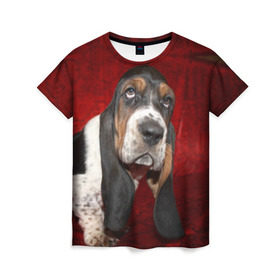 Женская футболка 3D с принтом Бассет-хаунд в Петрозаводске, 100% полиэфир ( синтетическое хлопкоподобное полотно) | прямой крой, круглый вырез горловины, длина до линии бедер | бархат | бассет хаунд | взгляд | домашнее | животное | порода | собака | уши