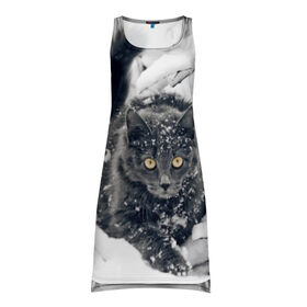 Платье-майка 3D с принтом Кот в снегу в Петрозаводске, 100% полиэстер | полуприлегающий силуэт, широкие бретели, круглый вырез горловины, удлиненный подол сзади. | ветки | дикий | домашнее | животное | зима | кот | котэ | кошка | снег | сугробы