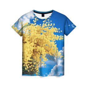 Женская футболка 3D с принтом Мимозы в Петрозаводске, 100% полиэфир ( синтетическое хлопкоподобное полотно) | прямой крой, круглый вырез горловины, длина до линии бедер | 8 марта | весна | мимозы | небо | облака | цветы