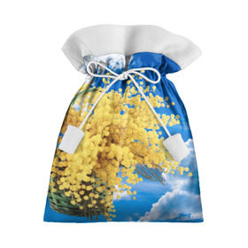 Подарочный 3D мешок с принтом Мимозы в Петрозаводске, 100% полиэстер | Размер: 29*39 см | Тематика изображения на принте: 8 марта | весна | мимозы | небо | облака | цветы