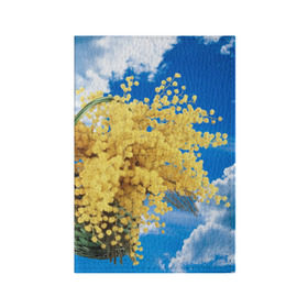 Обложка для паспорта матовая кожа с принтом Мимозы в Петрозаводске, натуральная матовая кожа | размер 19,3 х 13,7 см; прозрачные пластиковые крепления | Тематика изображения на принте: 8 марта | весна | мимозы | небо | облака | цветы