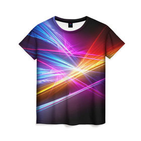 Женская футболка 3D с принтом Лучи в Петрозаводске, 100% полиэфир ( синтетическое хлопкоподобное полотно) | прямой крой, круглый вырез горловины, длина до линии бедер | кислотный | лучи | обстракция | радуга | свет | спектр | цвет | цвета | яркие