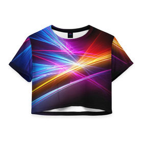 Женская футболка 3D укороченная с принтом Лучи в Петрозаводске, 100% полиэстер | круглая горловина, длина футболки до линии талии, рукава с отворотами | кислотный | лучи | обстракция | радуга | свет | спектр | цвет | цвета | яркие