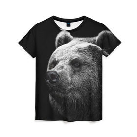 Женская футболка 3D с принтом Медведь в Петрозаводске, 100% полиэфир ( синтетическое хлопкоподобное полотно) | прямой крой, круглый вырез горловины, длина до линии бедер | бурый | дикий | животное | медведь | россия | символ | тайги | фото | хищник | хозяин | черно белое