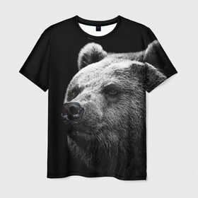 Мужская футболка 3D с принтом Медведь в Петрозаводске, 100% полиэфир | прямой крой, круглый вырез горловины, длина до линии бедер | бурый | дикий | животное | медведь | россия | символ | тайги | фото | хищник | хозяин | черно белое