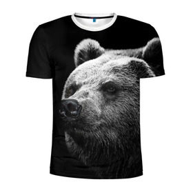 Мужская футболка 3D спортивная с принтом Медведь в Петрозаводске, 100% полиэстер с улучшенными характеристиками | приталенный силуэт, круглая горловина, широкие плечи, сужается к линии бедра | Тематика изображения на принте: бурый | дикий | животное | медведь | россия | символ | тайги | фото | хищник | хозяин | черно белое