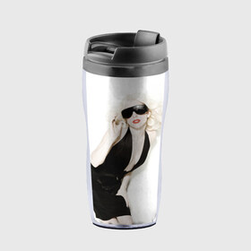 Термокружка-непроливайка с принтом Lady Gaga в Петрозаводске, внутренняя часть — пищевой пластик, наружная часть — прозрачный пластик, между ними — полиграфическая вставка с рисунком | объем — 350 мл, герметичная крышка | Тематика изображения на принте: lady gaga | блондинка | звезда | знаменитость | леди гаага | певица | поп | эпатаж | эпатажная