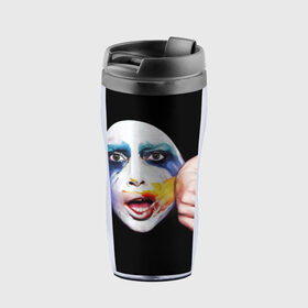 Термокружка-непроливайка с принтом Lady Gaga в Петрозаводске, внутренняя часть — пищевой пластик, наружная часть — прозрачный пластик, между ними — полиграфическая вставка с рисунком | объем — 350 мл, герметичная крышка | lady gaga | взгляд | звезда | знаменитость | леди гаага | певица | поп | портрет | эпатаж | эпатажная