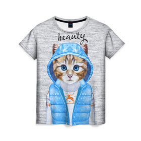 Женская футболка 3D с принтом Модная киска в Петрозаводске, 100% полиэфир ( синтетическое хлопкоподобное полотно) | прямой крой, круглый вырез горловины, длина до линии бедер | baby | beauty | cat | ketty | sweet | девушке | киска | кошка | мода | модная | сладкая | чика