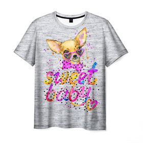 Мужская футболка 3D с принтом милая Чихуахуа в Петрозаводске, 100% полиэфир | прямой крой, круглый вырез горловины, длина до линии бедер | baby | dog | sweet | девушке | собачка | чихуахуа