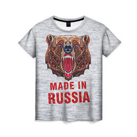 Женская футболка 3D с принтом made in Russia в Петрозаводске, 100% полиэфир ( синтетическое хлопкоподобное полотно) | прямой крой, круглый вырез горловины, длина до линии бедер | bear | made | made in russia | russia | злой | медведь | пасть | русский | я | я русский