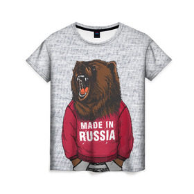 Женская футболка 3D с принтом made in Russia в Петрозаводске, 100% полиэфир ( синтетическое хлопкоподобное полотно) | прямой крой, круглый вырез горловины, длина до линии бедер | bear | made | made in russia | russia | злой | медведь | пасть | русский | я | я русский