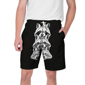 Мужские шорты 3D с принтом Еноты в Петрозаводске,  полиэстер 100% | прямой крой, два кармана без застежек по бокам. Мягкая трикотажная резинка на поясе, внутри которой широкие завязки. Длина чуть выше колен | Тематика изображения на принте: енот