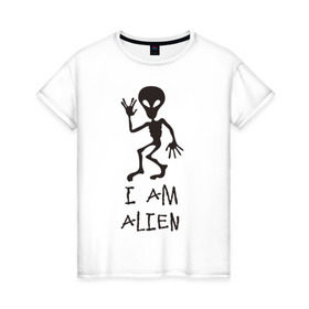 Женская футболка хлопок с принтом Alien в Петрозаводске, 100% хлопок | прямой крой, круглый вырез горловины, длина до линии бедер, слегка спущенное плечо | инопланетянин | нло | прикол | пришелец | юмор