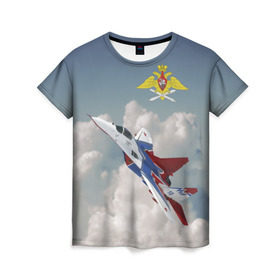 Женская футболка 3D с принтом Самолёт в Петрозаводске, 100% полиэфир ( синтетическое хлопкоподобное полотно) | прямой крой, круглый вырез горловины, длина до линии бедер | авиация | ввс | ввс россии | небо | самолёт