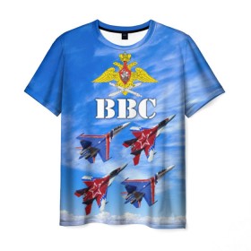 Мужская футболка 3D с принтом ВВС России в Петрозаводске, 100% полиэфир | прямой крой, круглый вырез горловины, длина до линии бедер | авиация | ввс | день ввс | небо | россия | самолёты
