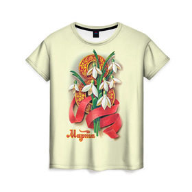 Женская футболка 3D с принтом Подснежники в Петрозаводске, 100% полиэфир ( синтетическое хлопкоподобное полотно) | прямой крой, круглый вырез горловины, длина до линии бедер | 8 марта | женский | международный | подарок | подснежники | цветы