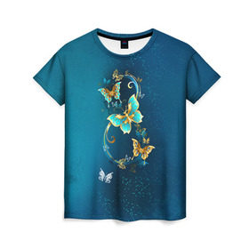 Женская футболка 3D с принтом Бабочки в Петрозаводске, 100% полиэфир ( синтетическое хлопкоподобное полотно) | прямой крой, круглый вырез горловины, длина до линии бедер | 8 марта | бабочки | женский | международный | подарок | цветы