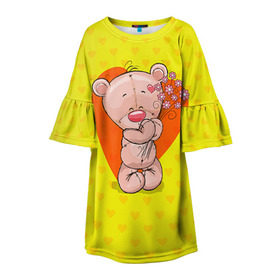 Детское платье 3D с принтом Мишка с цветочками в Петрозаводске, 100% полиэстер | прямой силуэт, чуть расширенный к низу. Круглая горловина, на рукавах — воланы | 8марта | весна | девушкам | милый | мишка | подарок | цветок