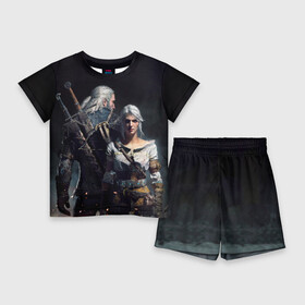 Детский костюм с шортами 3D с принтом Geralt and Ciri в Петрозаводске,  |  | ciri | gerald | roach | wild hunt | witcher | ведьмак | ведьмы | геральд | дикая охота | йен | йеннифер | плотва | цири