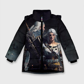 Зимняя куртка для девочек 3D с принтом Geralt and Ciri в Петрозаводске, ткань верха — 100% полиэстер; подклад — 100% полиэстер, утеплитель — 100% полиэстер. | длина ниже бедра, удлиненная спинка, воротник стойка и отстегивающийся капюшон. Есть боковые карманы с листочкой на кнопках, утяжки по низу изделия и внутренний карман на молнии. 

Предусмотрены светоотражающий принт на спинке, радужный светоотражающий элемент на пуллере молнии и на резинке для утяжки. | ciri | gerald | roach | wild hunt | witcher | ведьмак | ведьмы | геральд | дикая охота | йен | йеннифер | плотва | цири