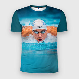 Мужская футболка 3D спортивная с принтом Пловец в Петрозаводске, 100% полиэстер с улучшенными характеристиками | приталенный силуэт, круглая горловина, широкие плечи, сужается к линии бедра | плавание | спорт