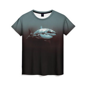 Женская футболка 3D с принтом Акула в Петрозаводске, 100% полиэфир ( синтетическое хлопкоподобное полотно) | прямой крой, круглый вырез горловины, длина до линии бедер | акула | море | хищник