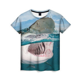 Женская футболка 3D с принтом Хищная акула в Петрозаводске, 100% полиэфир ( синтетическое хлопкоподобное полотно) | прямой крой, круглый вырез горловины, длина до линии бедер | акула | море | океан | природа | хищник