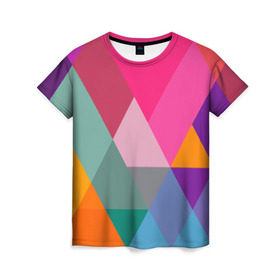 Женская футболка 3D с принтом Разноцветные полигоны в Петрозаводске, 100% полиэфир ( синтетическое хлопкоподобное полотно) | прямой крой, круглый вырез горловины, длина до линии бедер | абстракция | полигон | ромб | узор | фон | цвет