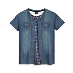 Женская футболка 3D с принтом Джинсовка в Петрозаводске, 100% полиэфир ( синтетическое хлопкоподобное полотно) | прямой крой, круглый вырез горловины, длина до линии бедер | Тематика изображения на принте: джинсовка | костюм | одежда | рубашка