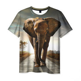 Мужская футболка 3D с принтом Дикий слон в Петрозаводске, 100% полиэфир | прямой крой, круглый вырез горловины, длина до линии бедер | Тематика изображения на принте: слон