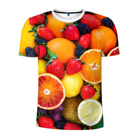 Мужская футболка 3D спортивная с принтом Мультифрукт в Петрозаводске, 100% полиэстер с улучшенными характеристиками | приталенный силуэт, круглая горловина, широкие плечи, сужается к линии бедра | апельсин | ежевика | киви | клубника | лимон | яблоко