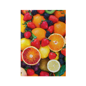 Обложка для паспорта матовая кожа с принтом Мультифрукт в Петрозаводске, натуральная матовая кожа | размер 19,3 х 13,7 см; прозрачные пластиковые крепления | апельсин | ежевика | киви | клубника | лимон | яблоко