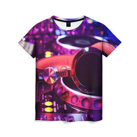 Женская футболка 3D с принтом DJ Mix в Петрозаводске, 100% полиэфир ( синтетическое хлопкоподобное полотно) | прямой крой, круглый вырез горловины, длина до линии бедер | Тематика изображения на принте: deejay | dj | диджей | музыка | наушники | пульт