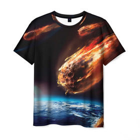 Мужская футболка 3D с принтом Метеориты в Петрозаводске, 100% полиэфир | прямой крой, круглый вырез горловины, длина до линии бедер | астероид | земля | космос | метеор | планета